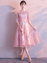 Vestidos de formatura de renda rosa suave vestido de formatura curto meia manga gola vestido de festa