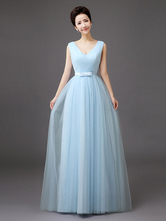 プロムドレス　2024　ロングドレス　チュール　Vネック　ノースリーブ　リボンサッシュ　フロア丈　ブルー　ブライズメイドドレス