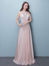 Prom Dresses Long Soft Pink Satin Evening Dress Halter Beading Pieghettato Piano Lunghezza formale Dress Party