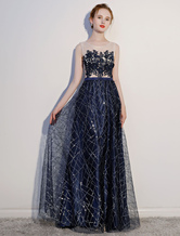Dark Navy Prom Dresses Lace Sequin Illusion Sleeveless Floor Length Evening Dress