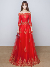 Red Evening Dresses Lace A Line Long Sleeve Floor Length Formal Gowns