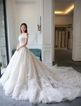 Princess Ball Gown Wedding Dresses Lace Embroidered Off-The-Shoulder Royal Bridal Dress With Train Free Customization