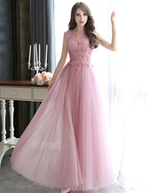 Prom Dresses Long Cameo Pink Lace Applique Beaded Tulle Floor Length Backless Formal Party Dress