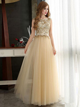 Prom Dresses Light Gold Lace Tulle Long Graduation Dress Bow Sash Floor Length Party Dress Wedding Guest Dresses