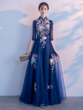 Evening Dresses Royal Blue Lace Applique Stand Collar A Line Floor Length Formal Gowns
