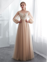 Champagne Prom Dresses Long Sleeve Lace Tulle A Line Floor Length Formal Dress Wedding Guest Dresses Free Customization