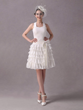 Short Simple Wedding Dresses Vintage Ivory Halter Backless Satin Chiffon Tiered Reception Bridal Dress
