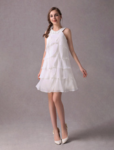 シンプルなウェディングドレス　2024　アイボリー　シフォンカクテルパーディードレス　ビーズ　ティアード　Aライン　ホルダーショートブライダルドレス