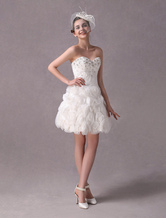 Vestidos de casamento Vintage Curto Strapless Lace Applique Flores Frisado Nupcial Recepção Vestido