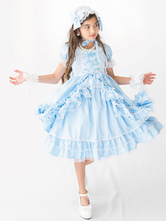 Rococo Lolita OP Robe Dentelle Garniture Bow Ruffle Lumière Bleu Ciel Enfants Lolita Robe Une Pièce