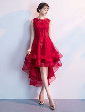 Cocktailkleider Rot High Low Prom Homecoming Dress Spitzenapplikationen Asymmetrisches Partykleid
