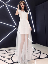 White Prom Dresses Long Illusion Short Sleeve Formal Party Dress Wedding Guest Dresses
