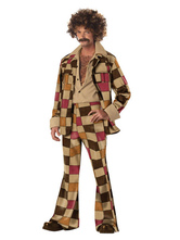 Retro Disco Costume Halloween 1970s Men Brown Plaid Outift Shirts Pants And Jacket
