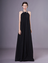 Black Evening Dresses Halter Chiffon Beaded Floor Length Formal Gowns