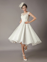 Brautkleider Vintage Tüll A-Linie- mit Rundkragen Hochzeitskleid Vintage Elfenbeinfarbe wadenlang natürliche Taillenlinie Knöpfe Kurzarm