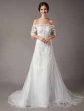 Wedding Dresses Ivory Lace Off-The-Shoulder Half Sleeve Sequin Applique Bridal Dress With Train Free Customization
