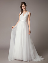 Свадебные платья Кружевной тюль Ivory V Neck Line Beach Bridal Gowns