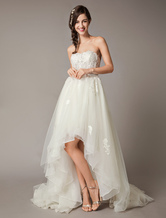 Высокие низкие свадебные платья без бретелек Кружева Тюль Лук Sash Асимметричный Летний пляж Свадебное платье