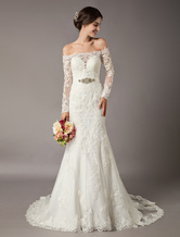 Lace Wedding Dresses Ivory Mermaid Off Shoulder Long Sleeve Beaded Sash Bridal Gowns With Train