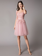 Short Prom Dresses Cameo Pink Half Sleeve Lace Tutu Homecoming Dress