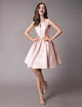 Satin Cocktail Dresses Soft Pink A Line Sleeveless Short Prom Dress