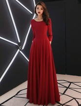 Burgundy Evening Dresses Long Sleeve Prom Dress A Line Formal Gowns With Pockets