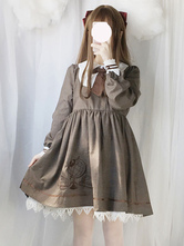 Klassisches Lolita OP Kleid Lace Trim Bow Plissee Braun Lolita Einteiliges Kleid