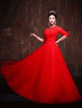Vestidos de quinceañera rojos Keyhole Lace Tulle manga media Maxi Luxury Women Pageant vestido de fiesta