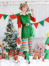 サンタコスプレ グリーン クリスマス 女性用 コスチューム クリスマスツリー ポリエステル コスチューム 大人用 サッシュベルト ドレス 帽子 パンティストッキング カラーブロック ホリデーコスチューム