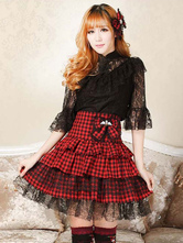 Classic Lolita SK Ruffle Bow Lace Up Plaid Red Lolita Skirt