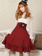 Clássico Lolita SK Bow plissado xadrez vermelho Lolita saia
