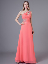 Prom Dresses Long One Shoulder Beaded Chiffon Floor Length Formal Dress