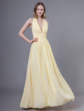 Prom Dresses Long Daffodil Halter V Neck Backless Chiffon Floor Length Wedding Party Bridesmaid Dress