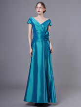 Brautmutterkleider A-Linie- Abendkleider für Hochzeit Taft Günstige Abendkleider Blaugrün Hochzeit Kurzarm V-Ausschnitt knöchellang mit Schnürung
