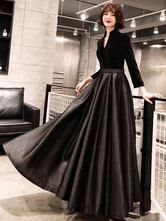 Schwarze Ballkleider mit langem V-Ausschnitt  Samt  Satin  Patchwork  Maxi  formelle Kleider  Kleider für Hochzeitsgäste