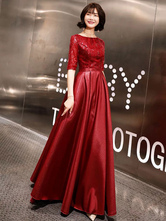 イブニングドレスブルゴーニュ半袖スパンコールサテンの床の長さの長いウエディングドレス