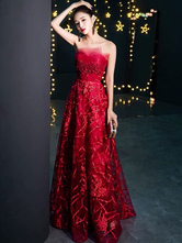 Prom Dresses Long Burgundy Strapless Lace Formal Evening Gowns Wedding Guest Dresses