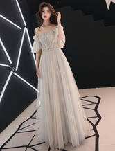 Prom Dress 2024 Off The Shoulder Long Beaded Tulle Graduation Dress Wedding Guest Dresses Free Customization