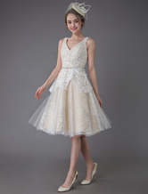 Short Wedding Dresses Lace V Neck Sleeveless Sash A Line Vintage Bridal Dress