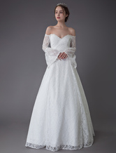 Brautkleider Prinzessin Elfenbeinfarbe mit Carmenausschnitt Brautkleider Spitze bodenlang Langarm und Reißverschluss A-Linie-