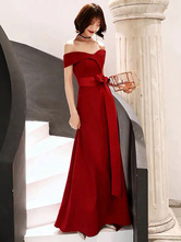 Red Evening Dress 2024 Off Shoulder Floor Length Satin Sash Social Prom Party Dresses Wedding Guest Dresses Free Customization