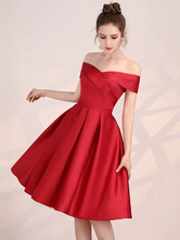 Cetim vermelho do vestido 2024 do baile de finalistas fora dos vestidos de cocktail formais do partido do comprimento do joelho do ombro