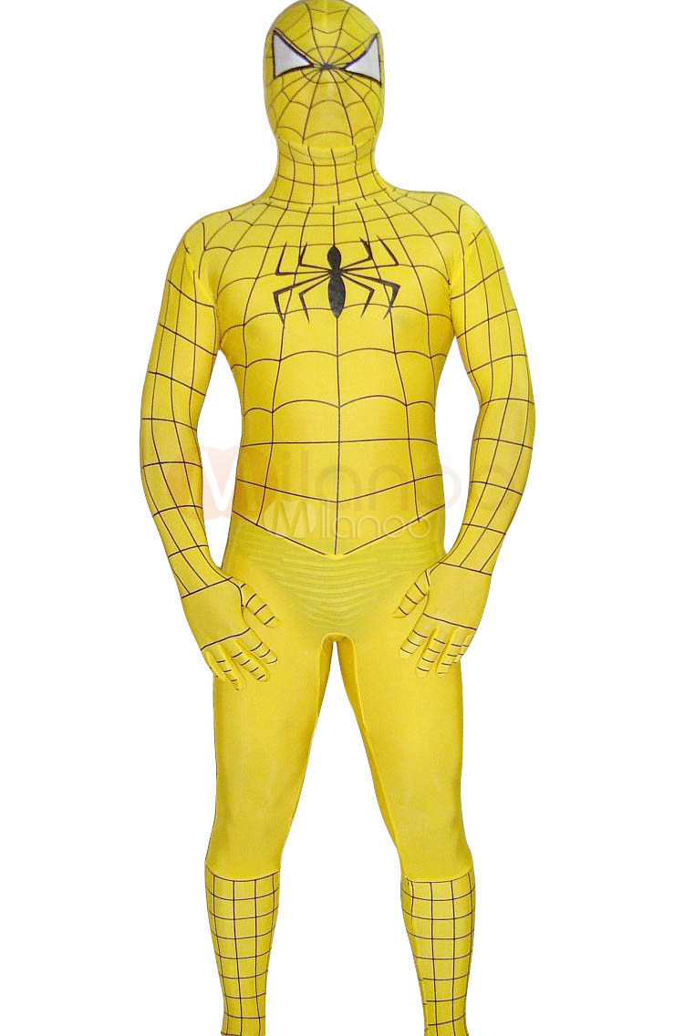 Yellow Spiderman Costume Suit Outfit Zentai With Black Stripes