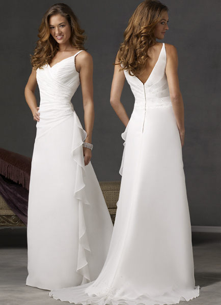 una línea de cuello v chifón satinado vestido de novia para novia