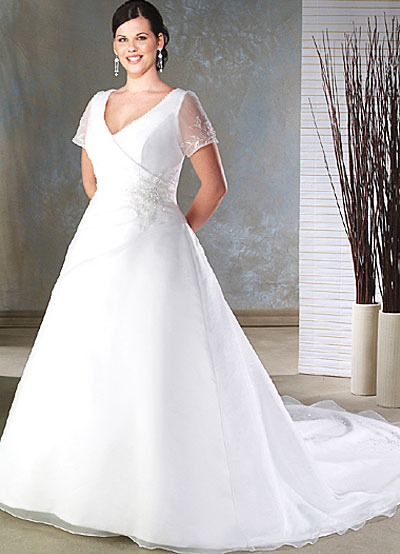 White Plus Size Short Sleeves V-Neck Satin Wedding Dress - Milanoo.com