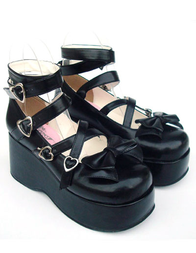 Costumes Lolita | Sweet Matte Black Lolita High Platform Shoes Ankle Straps Heart Shape Buckles Bow - NF20385