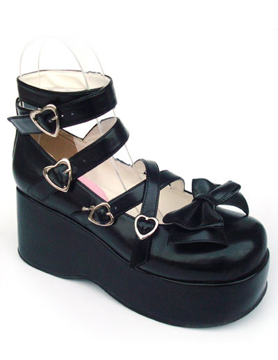 Costumes Lolita | Sweet Matte Black Lolita High Platform Shoes Ankle Straps Heart Shape Buckles Bow - NF20385