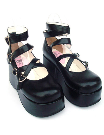 Costumes Lolita | Sweet Matte Black Lolita High Platform Shoes Ankle Straps Heart Shape Buckles Bow - NF20385