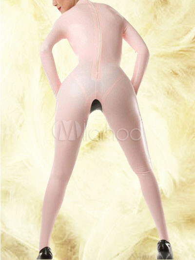 Soft Porn Pink Long Sleeves Open Crotch Latex Catsuit