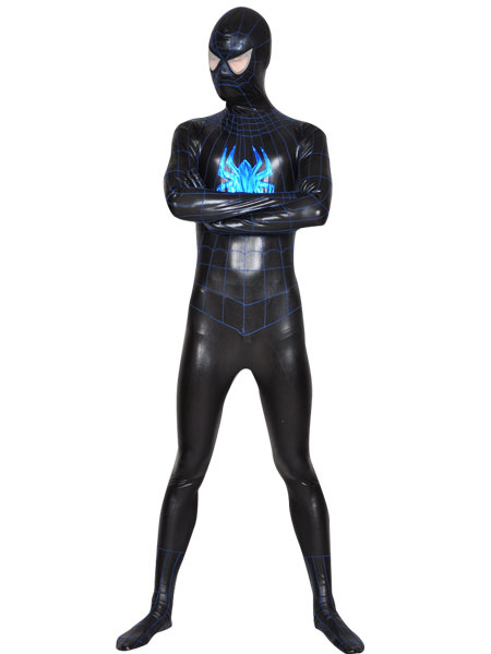Halloween Black Spiderman Catsuit Lycra Spandex Super Hero Unisex Blue Spider Print Costume